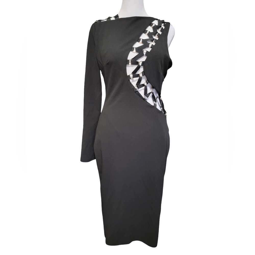 Xtaren Size Med Black Asymmetrical  One-Shoulder Sheath Bodycon w/ Cutouts Dress